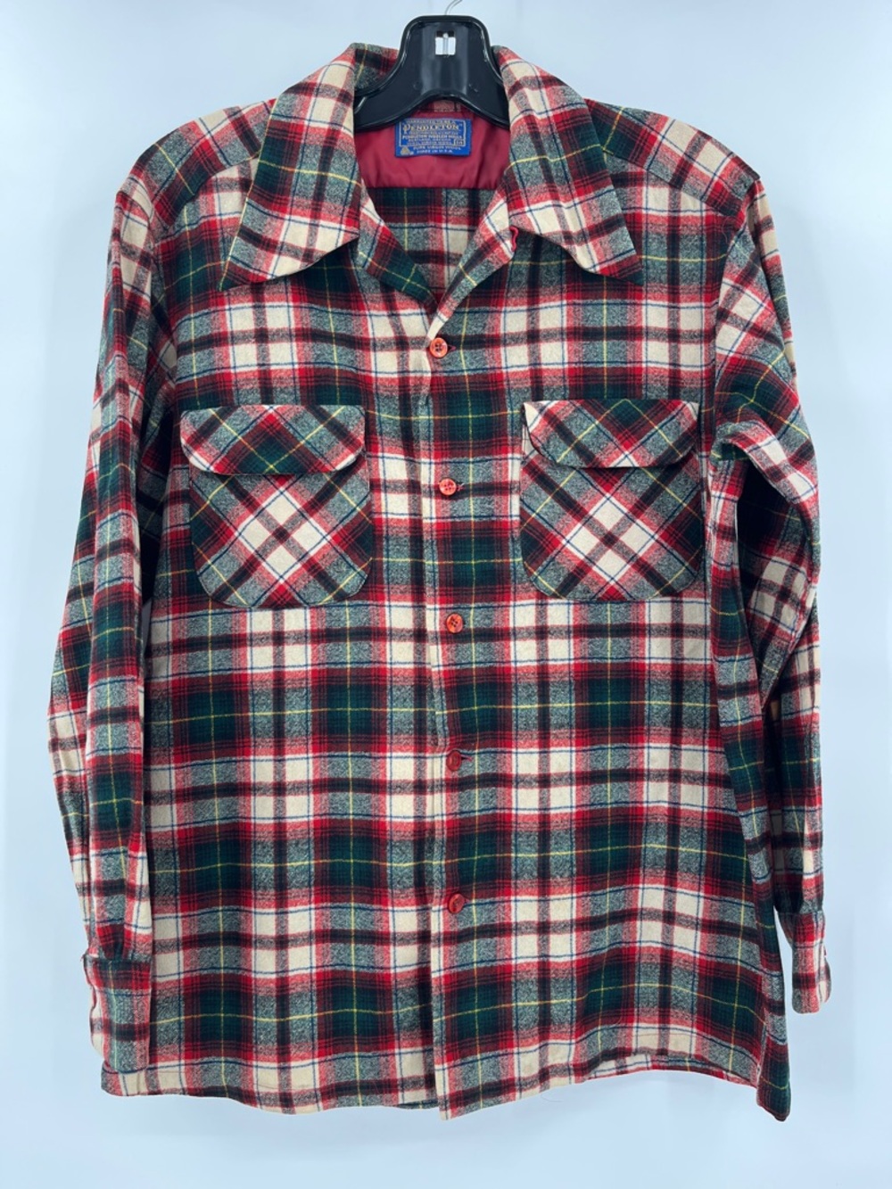 Vintage Pendleton Red, Green & Cream Plaid Wool Button-Down Shirt Size Medium